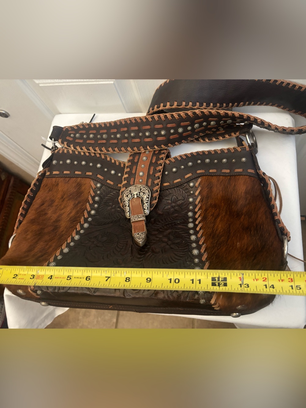 American West Vintage Studded Crossbody Messenger Leather Women Bag - Picture 14 of 16